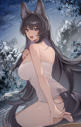 1girl absurdres animal_ear_fluff animal_ears breasts delta_(kage_no_jitsuryokusha_ni_naritakute!) fangs highres kage_no_jitsuryokusha_ni_naritakute! large_breasts long_hair looking_at_viewer naked_towel onsen open_mouth purple_eyes shibuya_(kurokamishain) sitting smile solo tail towel very_long_hair wolf_ears wolf_girl wolf_tail