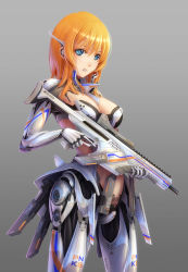 Rule 34 | 1girl, android, armor, barcode, blue eyes, breasts, center opening, cyberpunk, cyborg, gloves, gradient background, grey background, gun, headset, highres, orange hair, original, pinakes, pinax pinakes, power suit, rifle, science fiction, short hair, simple background, solo, trigger discipline, weapon