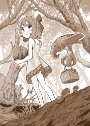 Rule 34 | 1girl, animal, apple, bare legs, bare tree, basket, blush, bow, branch, creature, cuttlefish, dress, floating, flower, food, forest, from below, fruit, grass, hair bow, highres, holding, holding basket, looking back, monochrome, moss, mushroom, nature, nut (food), original, outdoors, oversized object, sepia, short hair, short ponytail, solo, standing, sundress, tree, yuuki koutarou