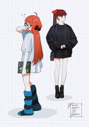 Rule 34 | 2girls, black footwear, black sweater, boots, bow, btmr game, closed mouth, computer, full body, glasses, hair bow, headphones, highres, holding, laptop, long hair, long sleeves, multiple girls, one eye closed, open mouth, orange hair, oversized clothes, oversized shirt, persona, persona 5, persona 5 the royal, red bow, red eyes, red hair, sakura futaba, shirt, shoes, short sleeves, signature, simple background, standing, sweater, t-shirt, twitter username, white shirt, yoshizawa kasumi