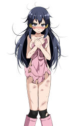 Rule 34 | 1girl, bare arms, bare shoulders, black eyes, black hair, black socks, blush, boots, breasts, covering breasts, covering privates, creatures (company), crying, crying with eyes open, dawn (pokemon), dress, game freak, hair ornament, kneehighs, long hair, looking at viewer, medium breasts, messy hair, nintendo, no panties, pink dress, pink footwear, pokemon, pokemon dppt, see-through, simple background, socks, solo, sweatdrop, tears, torn clothes, torn dress, torn legwear, torn socks, tsukishiro saika, white background