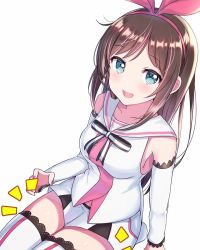 Rule 34 | 1girl, :d, bare shoulders, blue eyes, blush, breasts, brown hair, collarbone, commentary request, detached sleeves, hairband, highres, invisible chair, kizuna ai, kizuna ai inc., long hair, long sleeves, looking at viewer, medium breasts, multicolored hair, nail polish, neginoki, notice lines, open mouth, pink hair, pink nails, ribbon, sailor collar, shirt, short shorts, shorts, sidelocks, simple background, sitting, smile, solo, streaked hair, thighhighs, thighs, virtual youtuber, white background, white sailor collar, white shirt, white shorts, white thighhighs