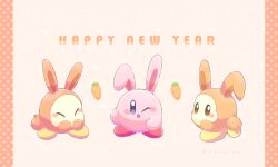 Rule 34 | :&lt;, :d, ^ ^, animal ears, blue eyes, blush, blush stickers, brown eyes, carrot, chinese zodiac, closed eyes, commentary, commentary request, english commentary, happy new year, kirby, kirby (series), looking at viewer, mixed-language commentary, nasubino (ramowarabi), new year, nintendo, no humans, one eye closed, open mouth, orange background, pillarboxed, polka dot, polka dot background, rabbit ears, rabbit tail, simple background, smile, tail, waddle dee, year of the rabbit