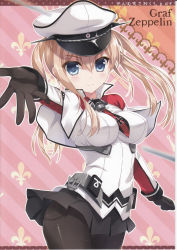 Rule 34 | 1girl, absurdres, ameto yuki, black gloves, black pantyhose, black skirt, blonde hair, blue eyes, blush, breasts, capelet, character name, closed mouth, gloves, graf zeppelin (kancolle), hair between eyes, hand up, hat, highres, kantai collection, long hair, long sleeves, looking at viewer, medium breasts, miniskirt, outstretched hand, pantyhose, peaked cap, pleated skirt, scan, shiny clothes, shiny skin, simple background, skirt, solo, twintails, uniform, white capelet