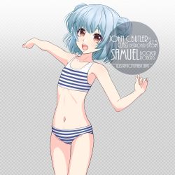 Rule 34 | 1girl, artist name, bikini, blue hair, brown eyes, character name, checkered background, collarbone, commentary request, cowboy shot, double bun, eyes visible through hair, flat chest, gradient background, grey background, hair bun, inaba shiki, kantai collection, looking at viewer, midriff, multicolored clothes, multicolored swimsuit, navel, one-hour drawing challenge, open mouth, samuel b. roberts (kancolle), short hair, simple background, solo, standing, striped bikini, striped clothes, swimsuit, teeth, upper teeth only