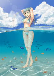 Rule 34 | 10s, 1girl, armpits, arms behind head, arms up, bikini, blush, breasts, cleavage, covered erect nipples, fish, full body, green eyes, green hair, highres, kantai collection, long hair, matching hair/eyes, open mouth, skyrail, solo, standing, suzuya (kancolle), swimsuit, water