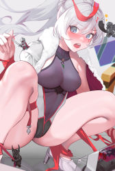 Rule 34 | 1girl, blue eyes, blush, breasts, cameltoe, cleavage, dark souls (series), havel the rock, high heels, highres, large breasts, long hair, looking at viewer, navel, open mouth, ponytail, rwby, scar, solo, thighs, wangxiii, weiss schnee, white hair