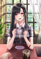 Rule 34 | 1girl, black hair, brooch, collared shirt, cup, curtains, day, drinking straw, earrings, glass, gongha, highres, holding, holding cup, indoors, jewelry, long hair, looking at viewer, menu, original, out of frame, pink eyes, plaid, plaid shirt, plant, plate, pov, shirt, short sleeves, sitting, solo focus, table, tree, window