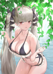 Rule 34 | 1girl, azur lane, bare arms, bare shoulders, between breasts, bikini, black bikini, black dress, breasts, cleavage, collarbone, commentary request, crystal shoujo, dress, earrings, formidable (azur lane), frilled dress, frills, grey hair, hair ribbon, highres, jewelry, large breasts, long hair, looking at viewer, navel, outdoors, red eyes, ribbon, solo, swimsuit, twintails, two-tone ribbon, very long hair