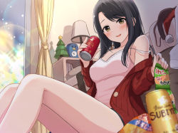 Rule 34 | 1girl, alarm clock, bare shoulders, black bra, black hair, blush, bonsai, bra, breasts, brown eyes, camisole, can, cardigan, clock, hat, holding, holding can, knees up, lampshade, long hair, looking at viewer, medium breasts, mugi (banban53), open cardigan, open clothes, open mouth, original, pink shirt, red cardigan, santa hat, shirt, short shorts, shorts, sidelocks, sitting, smile, solo, star (symbol), strap slip, thighs, underwear
