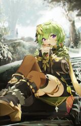 Rule 34 | 1girl, absurdres, black footwear, black shirt, boots, bridal gauntlets, brown thighhighs, cape, collei (genshin impact), commentary, coria, earrings, eating, food, full body, genshin impact, green cape, green hair, hair between eyes, highres, holding, holding food, imminent bite, jewelry, knee up, long hair, long sleeves, looking at viewer, open mouth, outdoors, purple eyes, shirt, solo, symbol-only commentary, thighhighs, thighlet