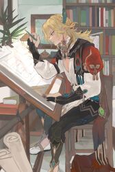 Rule 34 | 1boy, blonde hair, book, bookshelf, drawing, foot out of frame, from side, genshin impact, highres, jewelry, kaveh (genshin impact), male focus, mumu vosp, plant, potted plant, profile, sitting, solo