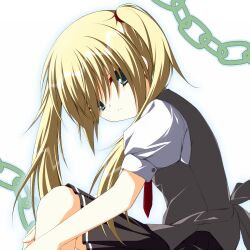 Rule 34 | 1girl, asagi nanami, black skirt, blonde hair, chain, commentary, cowboy shot, empty x embryo, eyebrows hidden by hair, eyelashes, floating hair, from side, green eyes, grey vest, hair between eyes, hair over eyes, hair ribbon, head tilt, highres, hugging own legs, knee up, kono natsuki, leaning forward, long hair, looking at viewer, miniskirt, necktie, parted lips, pleated skirt, puffy short sleeves, puffy sleeves, red necktie, red ribbon, revision, ribbon, school uniform, shirt, short sleeves, simple background, sitting, skirt, solo, twintails, vest, white background, white shirt