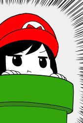 Rule 34 | 1girl, :t, closed mouth, commentary request, cosplay, emphasis lines, grey background, hat, highres, hitori bocchi, hitoribocchi no marumaru seikatsu, jitome, katsuwo (cr66g), looking to the side, mario, mario (cosplay), mario (series), nintendo, partially colored, pout, red hat, simple background, solo, warp pipe