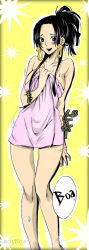 Rule 34 | 1girl, aqua eyes, bare shoulders, black hair, boa hancock, breasts, collarbone, colorized, earrings, eyebrows, eyelashes, highres, jewelry, large breasts, legs apart, long hair, long image, looking at viewer, one piece, open mouth, ponytail, snake, solo, standing, tall image, teeth, thigh gap, thighs, towel, upper teeth only, wet