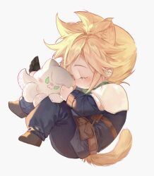 Rule 34 | &gt;:), 1boy, :3, animal ears, armor, black wings, blonde hair, blue pants, blue shirt, blush, boots, brown footwear, cat boy, cat ears, cat tail, chibi, closed eyes, cloud strife, cuntouxiaoyeju, earrings, final fantasy, final fantasy vii, final fantasy vii rebirth, final fantasy vii remake, green eyes, green scarf, highres, jewelry, long sleeves, male focus, pants, scarf, shinra infantry uniform, shirt, short hair, shoulder armor, single earring, sleeping, solo, spiked hair, stuffed animal, stuffed toy, tail, v-shaped eyebrows, white background, wings