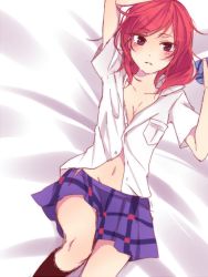 Rule 34 | 10s, 1girl, bed sheet, blush, brown eyes, from above, looking at viewer, love live!, love live! school idol project, lying, navel, nishikino maki, on back, on bed, open clothes, out of frame, plaid, plaid skirt, puzsan, red hair, school uniform, shirt, short hair, short sleeves, sketch, skirt, solo, white shirt