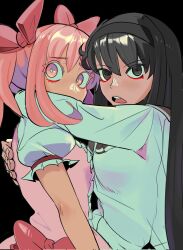 2girls akemi_homura akemi_homura_(magical_girl) alternate_eye_color black_background black_eyes black_hair bow bright_pupils commentary fr0stlz gloves hair_between_eyes hair_bow hairband highres hug kaname_madoka kaname_madoka_(magical_girl) long_hair looking_at_viewer magical_girl mahou_shoujo_madoka_magica multiple_girls open_mouth pink_eyes pink_hair puffy_short_sleeves puffy_sleeves short_hair short_sleeves short_twintails simple_background symbol-only_commentary teeth twintails upper_teeth_only white_pupils yuri