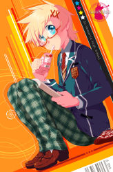 Rule 34 | 00s, 1boy, bad id, bad pixiv id, bespectacled, blazer, blonde hair, blue eyes, copyright name, drink, drinking straw, flynn scifo, full body, glasses, hair ornament, hairclip, jacket, keiko rin, loafers, male focus, necktie, official alternate costume, pants, plaid, plaid pants, red-framed eyewear, repede (tales), school uniform, shoes, sitting, solo, tales of (series), tales of vesperia