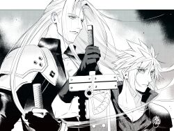 Rule 34 | 2boys, armor, black coat, black gloves, cloud strife, coat, final fantasy, final fantasy vii, gloves, greyscale, hand up, high collar, holding, holding sword, holding weapon, jjn ff7, katana, long hair, looking down, looking to the side, male focus, monochrome, multiple boys, outdoors, parted bangs, pauldrons, screentones, sephiroth, serious, short hair, shoulder armor, slit pupils, spiked hair, sword, upper body, weapon, wind