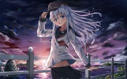 Rule 34 | 1girl, :o, absurdres, anchor symbol, black skirt, blue eyes, blush, bush, cloud, cloudy sky, collarbone, commentary, commentary request, cowboy shot, dfd, english commentary, eyebrows, falling star, fence, hat, hibiki (kancolle), highres, holding, holding clothes, holding hat, huge filesize, island, kantai collection, long hair, long sleeves, messy hair, midriff, midriff peek, neck ribbon, night, night sky, ocean, open mouth, outstretched arm, parted lips, partial commentary, pleated skirt, red ribbon, ribbon, rock, scenery, school uniform, serafuku, shiny clothes, shirt, shore, sidelocks, skirt, sky, solo, standing, star (sky), sun, sunset, teeth, tree, vegetation, water, wavy hair, white hair, white shirt