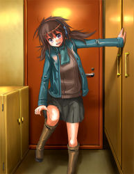 Rule 34 | 1girl, :d, black skirt, blue scarf, brown eyes, brown hair, cupboard, door, full body, head tilt, headphones, indoors, jacket, leg up, long sleeves, looking at viewer, open clothes, open jacket, open mouth, original, patorishia, patricia (stylish marunage), pleated skirt, scarf, shelf, skirt, smile, solo, standing, standing on one leg, sweater, undressing