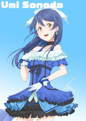 Rule 34 | 1girl, absurdres, blue background, blue dress, blue hair, blush, bow, character name, choker, commentary request, cowboy shot, dress, earrings, gloves, hair between eyes, hair bow, highres, jewelry, kira-kira sensation!, long hair, looking at viewer, love live!, love live! school idol project, open mouth, simple background, smile, solo, sonoda umi, white gloves, yellow eyes