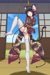 Rule 34 | 1girl, :d, animal ears, arms behind back, azur lane, balancing, bdsm, bell, black hair, black kimono, blush, bondage, bound, bound arms, bound fingers, breast bondage, breasts, cat ears, cat girl, cat mask, cat tail, commentary request, crotch rope, day, fang, floral print, full body, haimei1980, hair ribbon, happy, highres, indoors, japanese clothes, kimono, large breasts, leg up, legs, looking at viewer, mask, mask on head, medium breasts, medium hair, open door, open mouth, panties, red eyes, red ribbon, ribbon, shibari, slit pupils, smile, solo, spread legs, standing, standing on one leg, tail, tail bell, tail ornament, thighhighs, thighs, tiptoes, underwear, white panties, yamashiro (azur lane)