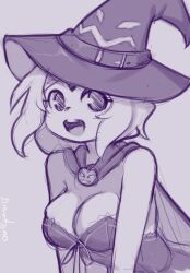 Rule 34 | 1girl, breasts, cape, cleavage, drantyno, dress, halloween, hat, highres, jack-o&#039;-lantern, large breasts, looking at viewer, monochrome, open mouth, short hair, smile, strapless, strapless dress, teeth, upper body, valkyrie connect, witch, witch hat