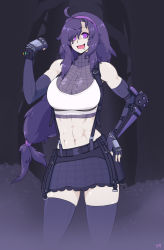 Rule 34 | 1girl, @ @, abs, absurdres, breasts, cosplay, creatures (company), elbow gloves, final fantasy, final fantasy vii, final fantasy vii remake, forest, fusion, game freak, gloves, hex maniac (pokemon), highres, hornedram, large breasts, long hair, low-tied long hair, miniskirt, nature, night, nintendo, open mouth, pokemon, pokemon xy, purple eyes, saliva, skirt, solo, spider web print, standing, thighhighs, tifa lockhart, tifa lockhart (cosplay), toned, vambraces, very long hair