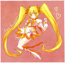 Rule 34 | 10s, 1girl, bad id, bad pixiv id, blonde hair, boots, bow, brooch, character name, cure sunshine, heart, heart brooch, heartcatch precure!, jewelry, kabocha torute, knee boots, long hair, magical girl, midriff, myoudouin itsuki, navel, orange skirt, orange theme, pink background, precure, ribbon, skirt, solo, twintails, very long hair, yellow bow