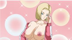 Rule 34 | 1girl, alternate breast size, android 18, animated, animated gif, aqua eyes, blonde hair, blue eyes, breasts, curvy, dragon ball, dragon ball super, dragonball z, hand on own hip, jacket, large breasts, legs together, linea alba, navel, no bra, no shirt, open clothes, open jacket, pinkpawg, solo, standing, tagme, track suit