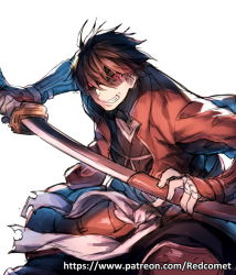 Rule 34 | 10s, 1boy, armor, black hair, drifters, holding, holding sword, holding weapon, light trail, looking at viewer, male focus, open mouth, redcomet, sheath, shimazu toyohisa, short hair, smile, solo, sword, unsheathing, watermark, weapon, web address