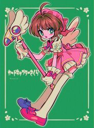 Rule 34 | 1girl, ahoge, blue eyes, blush, blush stickers, bow, bowtie, bright pupils, brown hair, cardcaptor sakura, child, commentary, copyright name, dress, dress bow, footwear bow, frilled dress, frilled gloves, frilled sleeves, frilled thighhighs, frills, fuuin no tsue, glove bow, gloves, green background, hair intakes, highres, holding, holding wand, kinomoto sakura, looking at viewer, magical girl, medium hair, menma (enaic31), open mouth, outer glow, pink dress, pink headwear, red bow, red bowtie, red footwear, short hair, short sleeves, simple background, smile, solo, straight hair, symbol-only commentary, thighhighs, two-tone dress, wand, white bow, white dress, white gloves, white pupils, white thighhighs, wings, zettai ryouiki