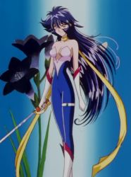 Rule 34 | 1girl, collar, cutie honey, gloves, long hair, misty honey, scarf, screencap, solo, stitched, sword, third-party edit, very long hair, weapon