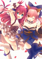 Rule 34 | &gt;:d, 2girls, :d, ;d, animal ears, anju (meipurusanchi), blue eyes, blue thighhighs, blush, breasts, cleavage, detached sleeves, elizabeth bathory (fate), elizabeth bathory (fate/extra ccc), elizabeth bathory (second ascension) (fate), fang, fate/grand order, fate (series), fox ears, fox tail, frilled skirt, frills, hair ribbon, horns, large breasts, long hair, looking at viewer, multiple girls, one eye closed, open mouth, pink hair, pointy ears, ribbon, skirt, small breasts, smile, tail, tamamo no mae (fate/extra), thighhighs, twintails, two side up, v-shaped eyebrows, yellow eyes