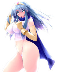 Rule 34 | 1girl, blue eyes, blue hair, breasts, chunsoft, cloak, dragon quest, dragon quest iii, elbow gloves, enix, female focus, gloves, hair ornament, highres, huge breasts, impossible clothes, long hair, looking at viewer, matching hair/eyes, navel, nipples, no bra, panties, sage (dq3), scatter milk, see-through, shirt, simple background, solo, standing, thighs, underwear, wet, white background, white panties