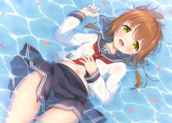 Rule 34 | 1girl, black skirt, blush, brown hair, collarbone, commentary request, eyebrows, folded ponytail, hand on own stomach, inazuma (kancolle), kantai collection, long sleeves, looking at viewer, lying, midriff, navel, neckerchief, on back, open mouth, petals, sailor collar, school uniform, serafuku, skirt, smile, solo, takoyaki (takoyaki-batake), water, yellow eyes