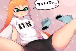 Rule 34 | 1girl, bike shorts, black shorts, blouse, blunt bangs, cameltoe, cleft of venus, clothes writing, covered erect nipples, danimaru, disembodied hand, green eyes, highres, inkling, inkling girl, inkling player character, long hair, mask, nintendo, orange hair, pink background, pointy ears, shirt, shorts, sitting, solo, sparkle, splatoon (series), spread legs, squid, t-shirt, tentacle hair, thighs, very long hair, white shirt