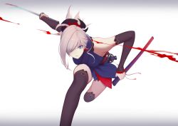 Rule 34 | 1girl, asymmetrical hair, bent over, black sleeves, black thighhighs, blue eyes, blue kimono, closed mouth, detached sleeves, earrings, fate/grand order, fate (series), hair over one eye, holding, holding sheath, holding sword, holding weapon, japanese clothes, jewelry, katana, kimono, leg up, long hair, long sleeves, looking at viewer, miyamoto musashi (fate), miyamoto musashi (first ascension) (fate), pisu, ponytail, sheath, short kimono, silver hair, sleeveless, sleeveless kimono, solo, sword, thighhighs, unsheathed, weapon, white background