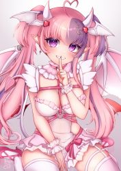 Rule 34 | 1girl, absurdres, ahoge, bat wings, belt, black nails, breasts, chest belt, choker, cleavage, commentary, demon girl, demon horns, demon wings, dress, earrings, english commentary, finger to mouth, frilled dress, frills, grin, hair ornament, head wings, heart, heart ahoge, heart hair ornament, hexyraart, highres, horns, ironmouse, ironmouse (demon form), jewelry, large breasts, long hair, looking at viewer, multicolored hair, nail polish, pink choker, pink hair, pointy ears, purple eyes, purple hair, single earring, smile, streaked hair, thighhighs, twintails, virtual youtuber, vshojo, white dress, white thighhighs, wings