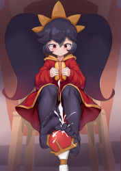Rule 34 | 1girl, :&lt;, absurdres, aomoro, ashley (warioware), big hair, black hair, black pantyhose, blush, chair, closed mouth, collarbone, cum, dress, ejaculation, eyebrows, feet, female focus, food, full body, hair between eyes, hairband, highres, holding, holding food, hot dog, long hair, long sleeves, looking down, motion blur, nintendo, no shoes, orange hairband, pantyhose, projectile cum, red dress, red eyes, sidelocks, sitting, solo, thighs, toes, trembling, twintails, wand, warioware