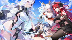 Rule 34 | 5girls, absurdres, armpits, ass, azur lane, bare shoulders, black gloves, black pantyhose, black thighhighs, blue sky, breasts, cleavage, closed mouth, cloud, cloudy sky, covered navel, elbow gloves, felix schultz (azur lane), flandre (azur lane), flat chest, floating hair, gloves, green eyes, hair between eyes, highleg, highleg leotard, highres, hindenburg (azur lane), horns, kearsarge (azur lane), large breasts, leotard, long bangs, long hair, looking at viewer, multiple girls, official art, pantyhose, parted lips, pink eyes, purple eyes, red eyes, shimanto (azur lane), sideboob, sitting, sky, small breasts, smile, standing, thighhighs, thighs, white hair, white leotard, white thighhighs, world of warships