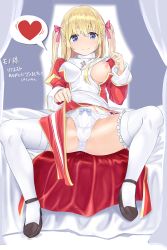 Rule 34 | 1girl, black footwear, blonde hair, blue eyes, blush, bow, bow panties, breasts, cameltoe, closed mouth, commentary request, commission, cross, dress, frilled thighhighs, frills, full body, garter straps, hair between eyes, hair bow, heart, high heels, high priest (ragnarok online), highres, juliet sleeves, lifting own clothes, long hair, long sleeves, looking at viewer, medium breasts, nipples, one breast out, panties, pink bow, puffy sleeves, ragnarok online, red dress, sash, shika, skeb commission, smile, solo, spoken heart, thighhighs, translation request, two-tone dress, two side up, underwear, white dress, white panties, white sash, white thighhighs