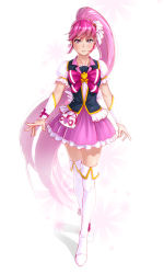 Rule 34 | 10s, 1girl, aino megumi, boots, bow, brooch, cure lovely, earrings, expressionless, eyelashes, full body, hair ornament, happinesscharge precure!, heart, heart brooch, heart hair ornament, highres, jewelry, long hair, looking at viewer, magical girl, pink bow, pink eyes, pink hair, pink skirt, ponytail, precure, puffy sleeves, ribbon, shimada gousuke, shirt, simple background, skirt, solo, standing, thigh boots, thighhighs, white background, white thighhighs, wide ponytail, x120