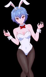 Rule 34 | 1girl, absurdres, animal ears, ayanami rei, bare shoulders, blue hair, bow, bowtie, breasts, bright pupils, chinese zodiac, covered navel, detached collar, fake animal ears, female focus, highres, knees together feet apart, leotard, looking at viewer, medium breasts, neon genesis evangelion, pantyhose, playboy bunny, rabbit ears, red eyes, short hair, solo, strapless, strapless leotard, transparent background, tsunemoku, white background, white leotard, white pupils, wrist cuffs, year of the rabbit