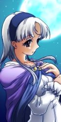 Rule 34 | 1girl, black eyes, cape, female focus, full moon, gensou suikoden, gensou suikoden ii, hairband, long hair, lowres, mito ayame, moon, night, sierra mikain, silver hair, solo