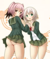 Rule 34 | 10s, 2girls, :d, absurdres, ass, black hair, bow, bowtie, brown eyes, colored tips, green eyes, green jacket, green skirt, highres, jacket, kantai collection, kunashiri (kancolle), long sleeves, multicolored hair, multiple girls, open mouth, pink hair, pleated skirt, red bow, red bowtie, shimushu (kancolle), short hair, silver hair, skirt, smile, two side up, wenetora