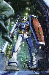 Rule 34 | 3boys, bazooka (gundam), blurry, blurry foreground, boots, core fighter, earth federation, earth federation space forces, guncannon, gundam, guntank, highres, jumpsuit, light, looking at viewer, machinery, mecha, military, mobile suit, mobile suit gundam, multiple boys, official art, painting (medium), robot, rx-78-2, scan, science fiction, shield, sitting, spacecraft, spacecraft interior, starfighter, tenjin hidetaka, traditional media, uniform, v-fin, white base, yellow eyes