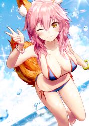 Rule 34 | 1girl, animal ear fluff, animal ears, barefoot, beach, bikini, bird, blue bikini, bracelet, breasts, cloud, collarbone, commentary request, day, fate/grand order, fate (series), feet, fox ears, fox tail, gio (maroon0924), hair between eyes, jewelry, large breasts, looking at viewer, one eye closed, outdoors, pink hair, side-tie bikini bottom, signature, sky, smile, solo, standing, standing on one leg, sunlight, swimsuit, tail, tamamo (fate), tamamo no mae (fate/extra), tamamo no mae (swimsuit lancer) (fate), thighs, v, water, wet, wet hair, yellow eyes
